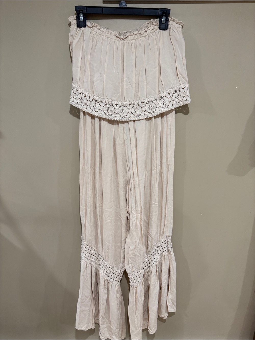 Strapless crochet bell bottom jumpsuit